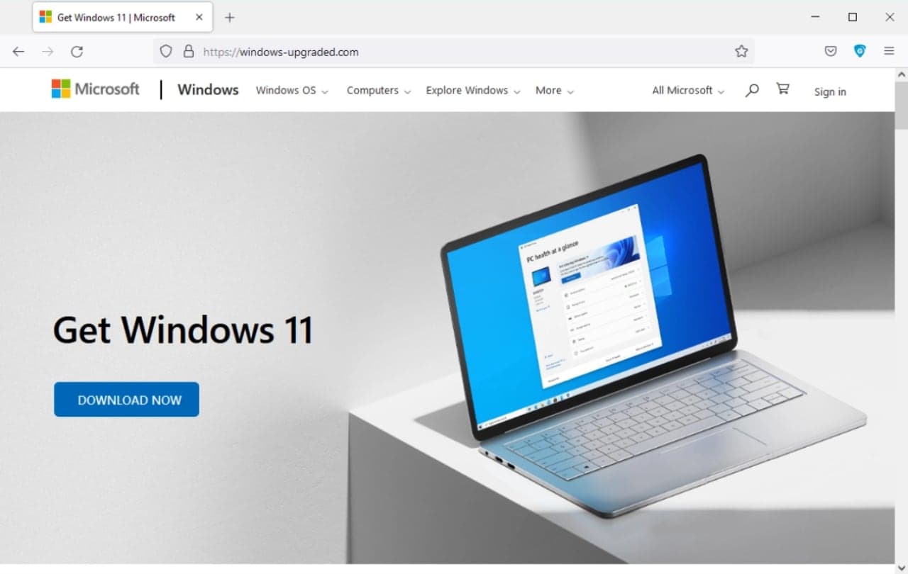 Podvodná stránka s Windows 11