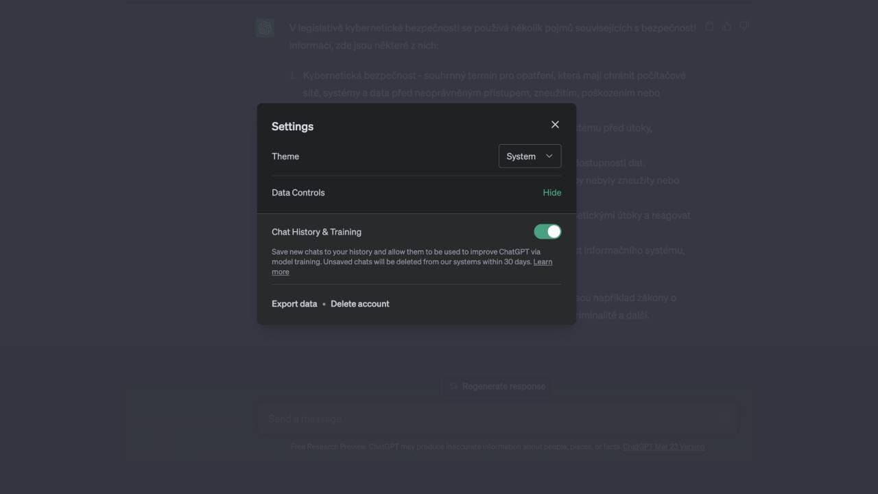ChatGPT, nastavení soukromí