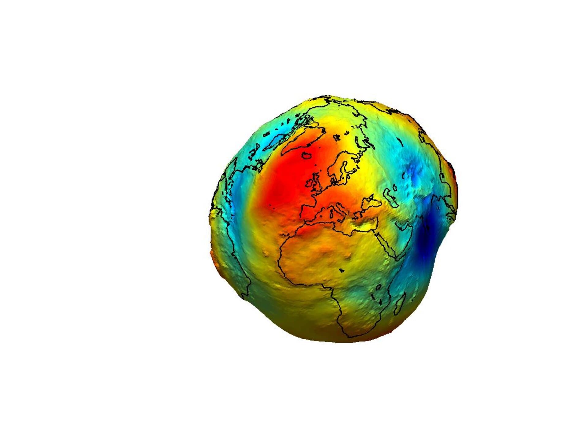 Různé úrovně gravitační síly Země (Indický oceán zvýrazněn tmavě modře)