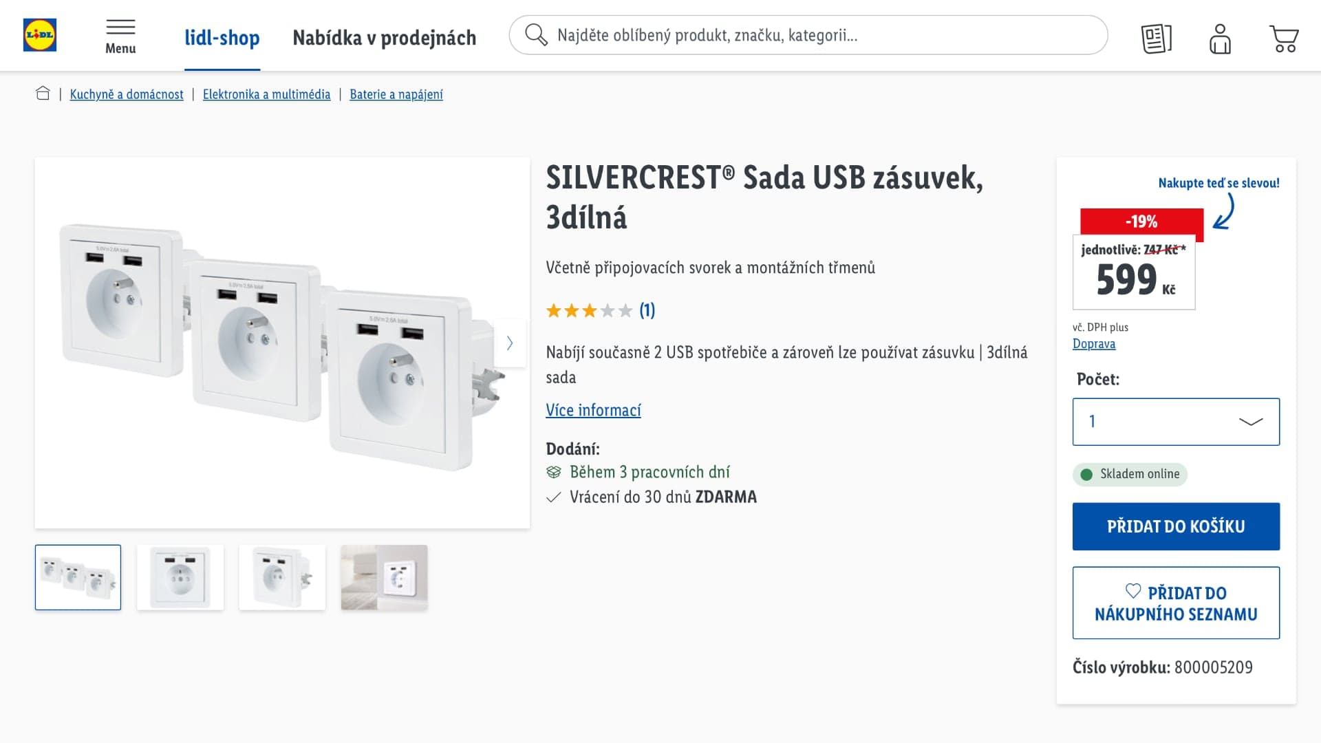 USB zásuvka z Lidlu, 3 kusy