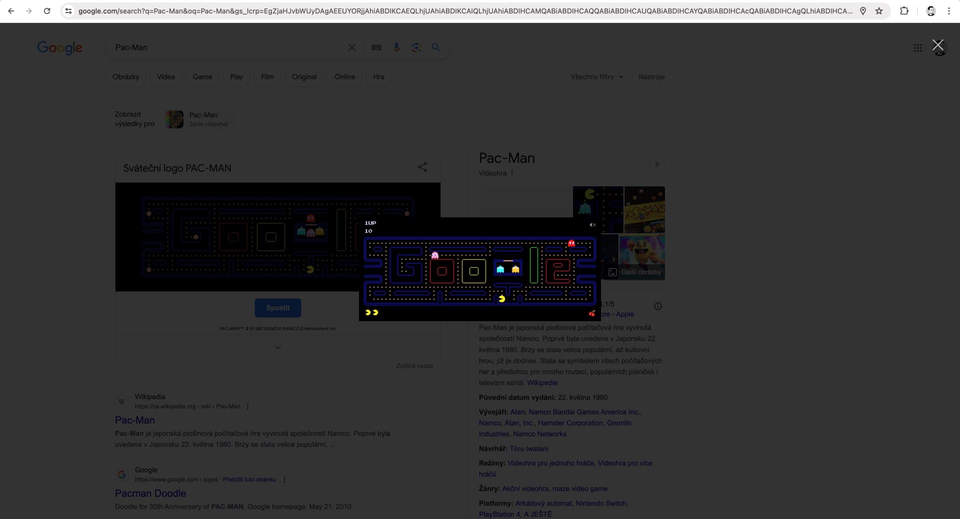 Hra Pac-Man v prohlížeči Google Chrome