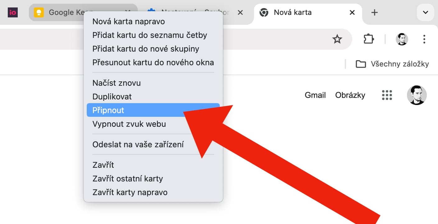 Google Chrome a připnutí karty