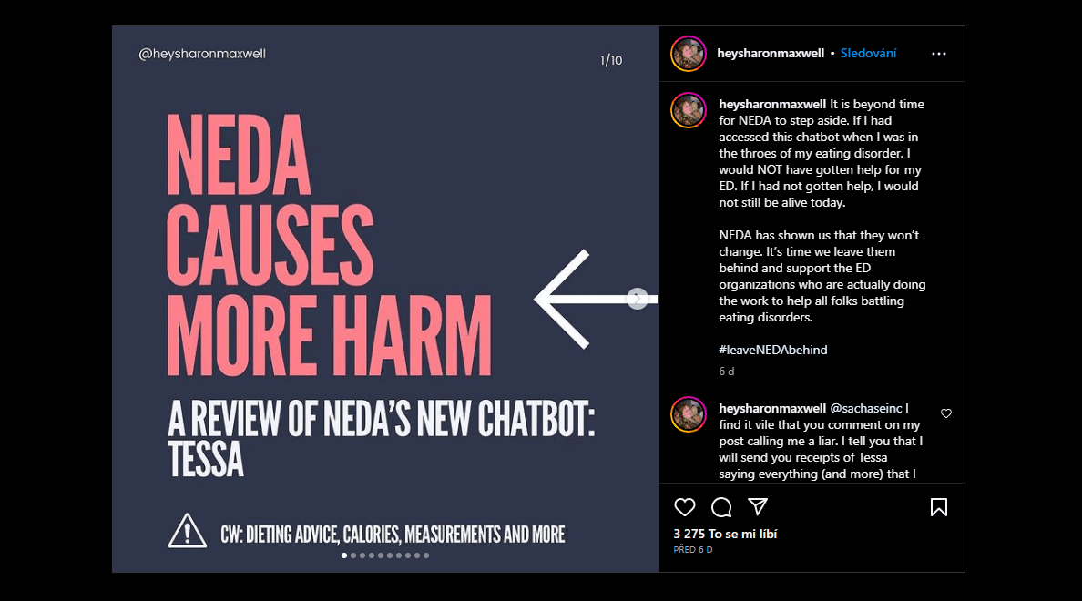 Příspěvek upozorňující na chatbota Tessu