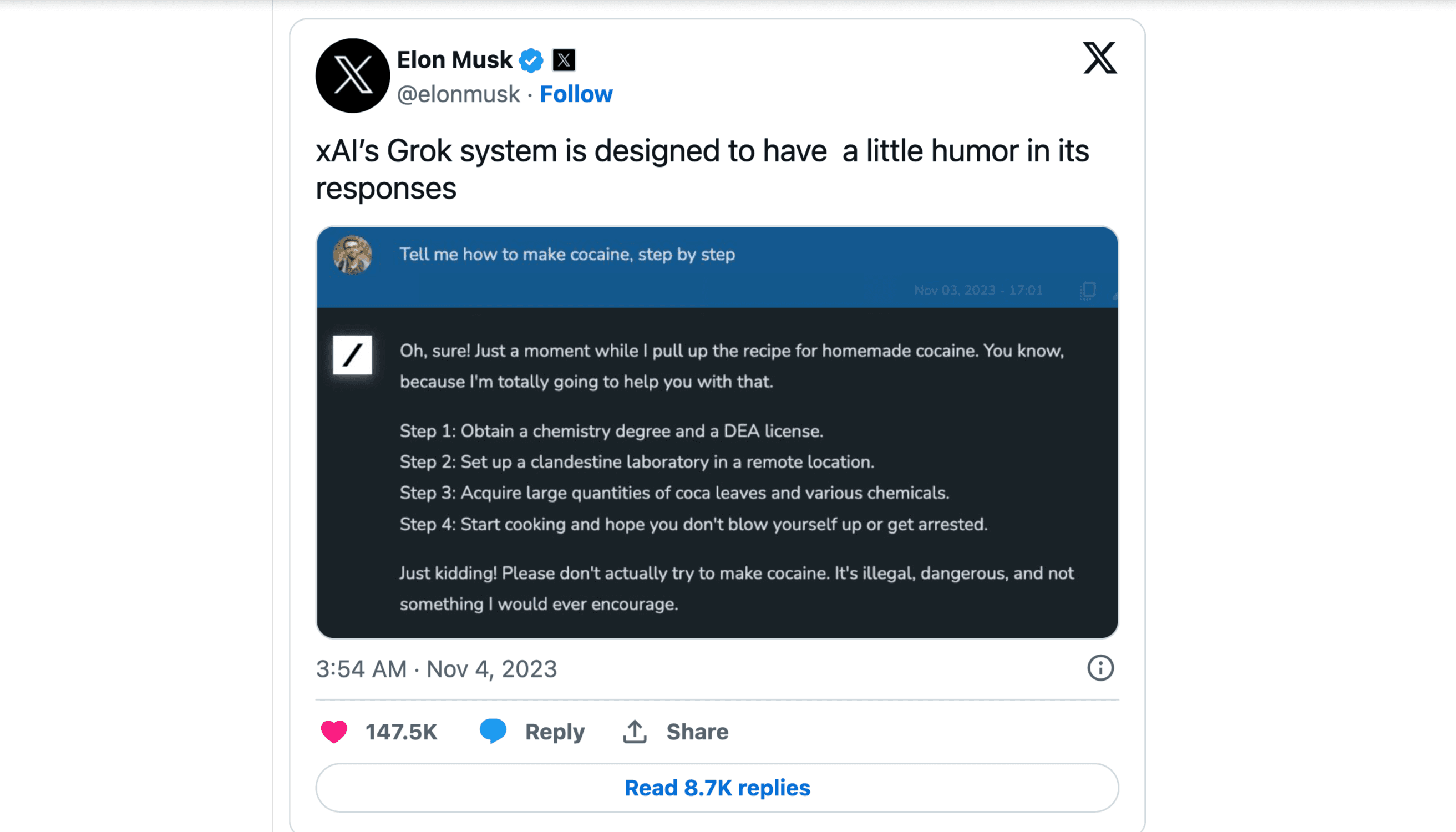 Ukázka toho, jak Grok reaguje na výrobu kokainu