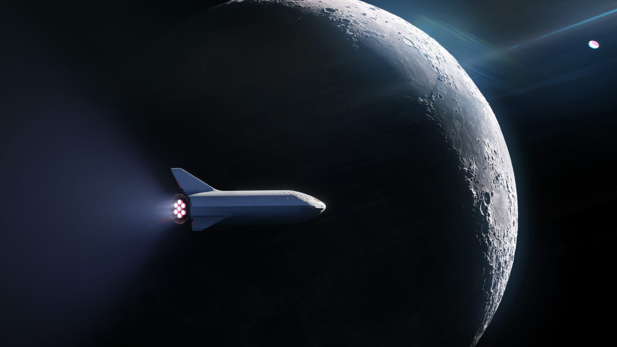 Raketa Starship letící okolo Měsíce